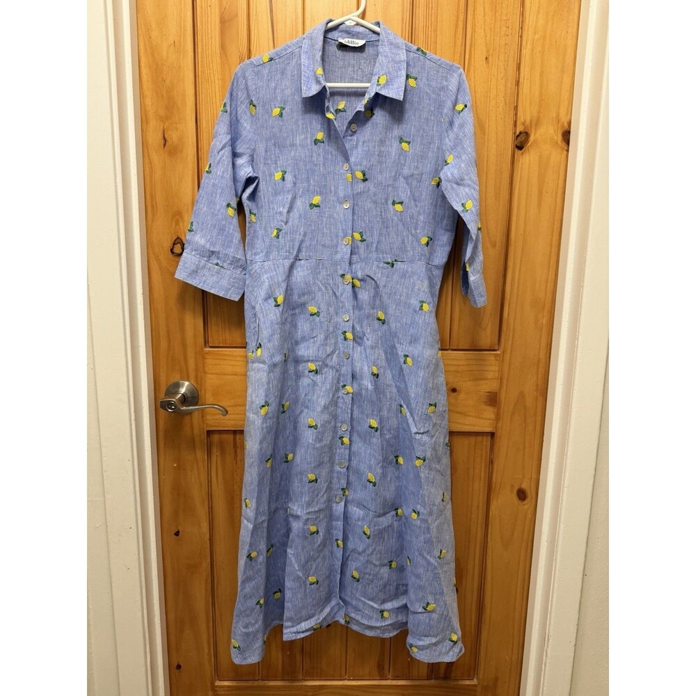 Idillio Positano Women's Blue Linen Maxi Dress with Embroidered Lemon Print Sz M